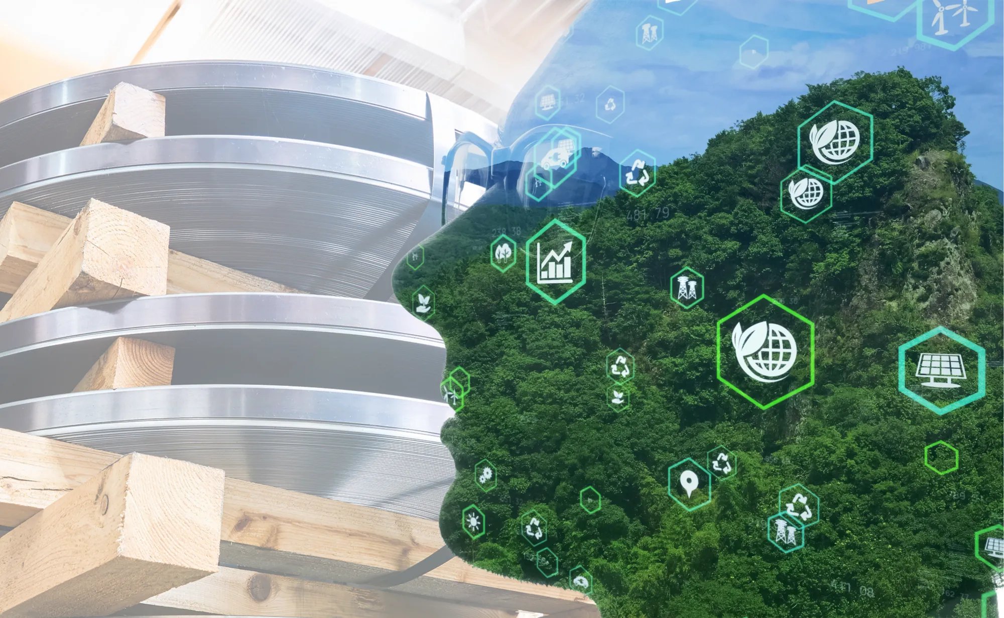 Steel coils in front of green forest with sustainability icons – CO₂-neutral steel by BROCKHAUS.