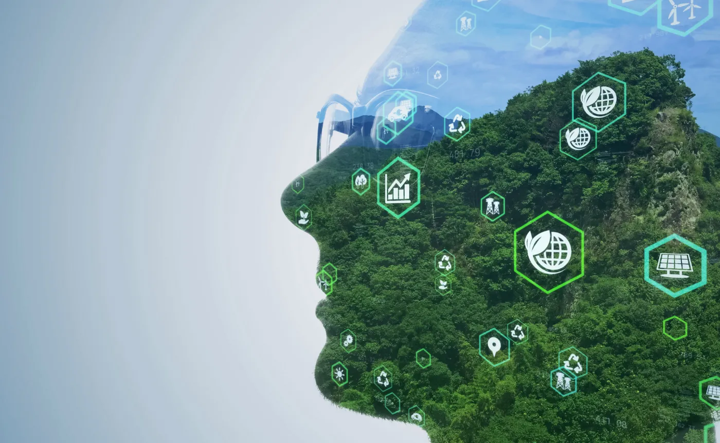 Grüne Waldlandschaft mit digitalen Nachhaltigkeitssymbolen – steht für das Umwelt- und Verantwortungsbewusstsein der BROCKHAUS Group.